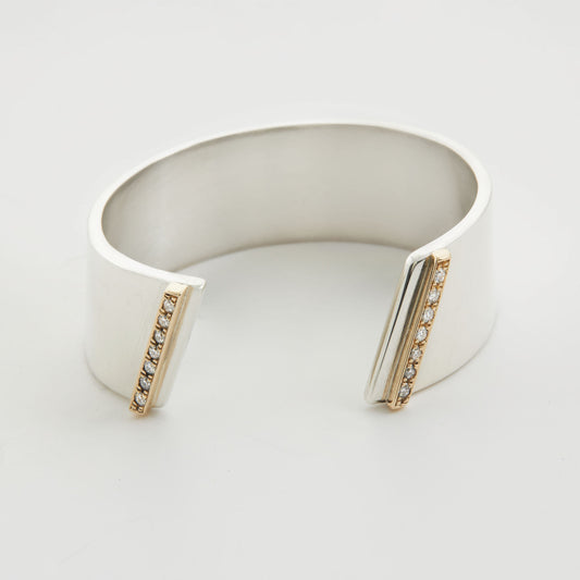 Silver And 14Ct Yellow Gold Cuff/Bangle With Pave Set Diamonds.