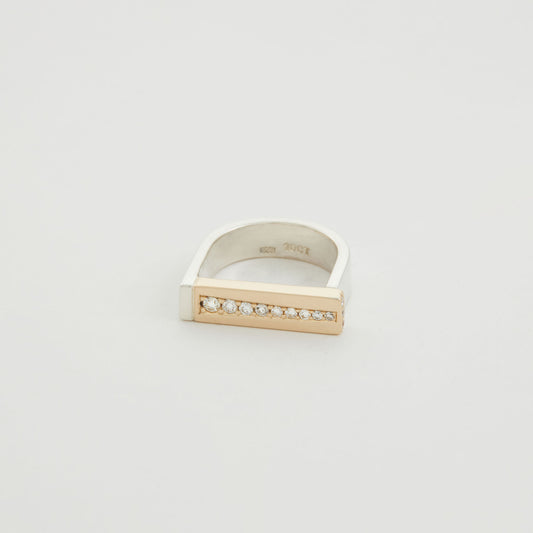10ct Yellow Gold and Silver Diamond Bridge Ring Set With Pave Diamonds