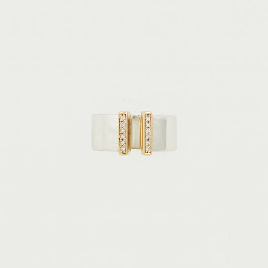 Distinctive Gold and Silver Split Ring With Pave Set Diamonds